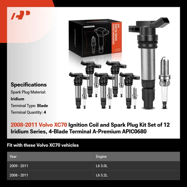 2008-2011 Volvo XC70 Ignition Coil and Spark Plug Kit Set of 12 Iridium Series, 4-Blade Terminal A-Premium APIC0680