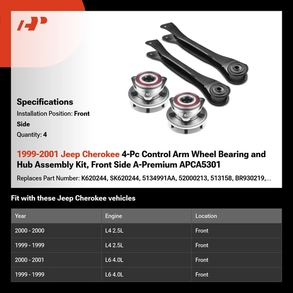 1999-2001 Jeep Cherokee 4-Pc Control Arm Wheel Bearing and Hub Assembly Kit, Front Side A-Premium APCA5301