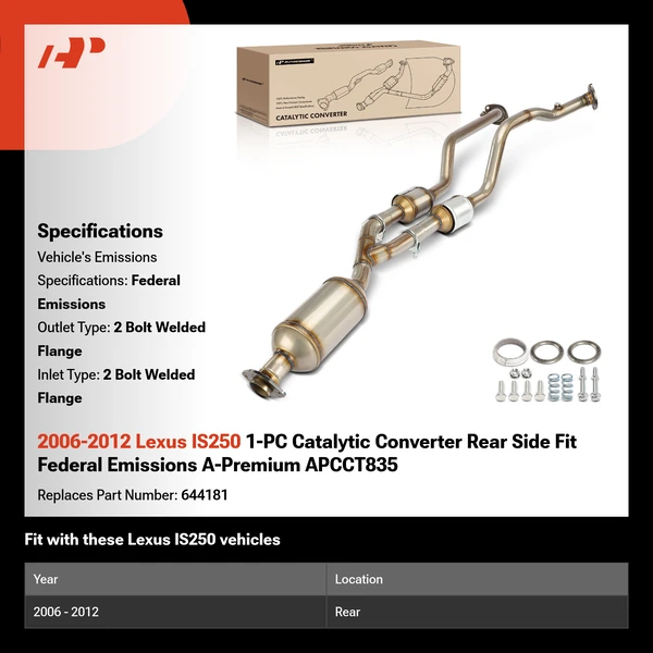 2006-2012 Lexus IS250 1-PC Catalytic Converter Rear Side Fit Federal Emissions A-Premium APCCT835