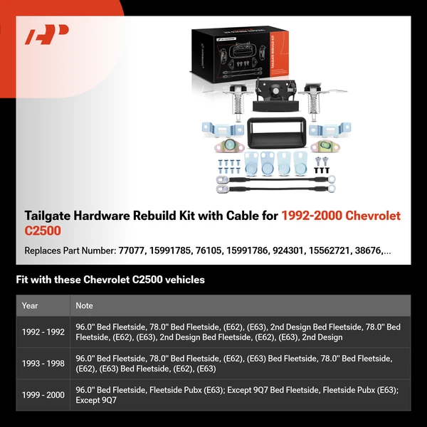 Tailgate Hardware Rebuild Kit with Cable for 1992-2000 Chevrolet C2500