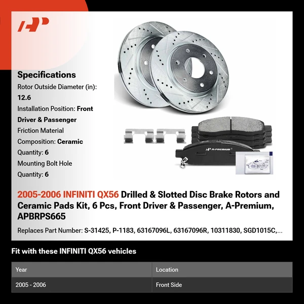 2005-2006 INFINITI QX56 Drilled & Slotted Disc Brake Rotors and Ceramic Pads Kit, 6 Pcs, Front Driver & Passenger, A-Premium, APBRPS665