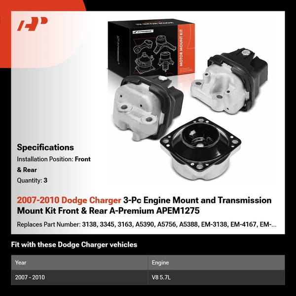 2007-2010 Dodge Charger 3-Pc Engine Mount and Transmission Mount Kit Front & Rear A-Premium APEM1275