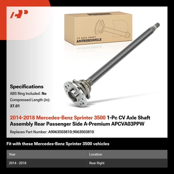 2014-2018 Mercedes-Benz Sprinter 3500 1-Pc CV Axle Shaft Assembly Rear Passenger Side A-Premium APCVA03PPW