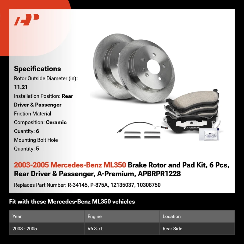 2003-2005 Mercedes-Benz ML350 Brake Rotor and Pad Kit, 6 Pcs, Rear Driver & Passenger, A-Premium, APBRPR1228