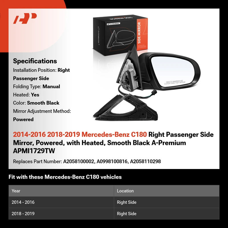 2014-2016 2018-2019 Mercedes-Benz C180 Right Passenger Side Mirror, Powered, with Heated, Smooth Black A-Premium APMI1729TW