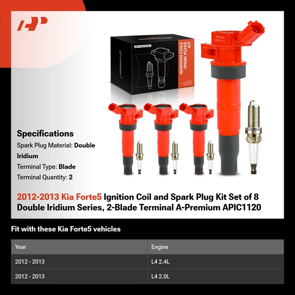 2012-2013 Kia Forte5 Ignition Coil and Spark Plug Kit Set of 8 Double Iridium Series, 2-Blade Terminal A-Premium APIC1120