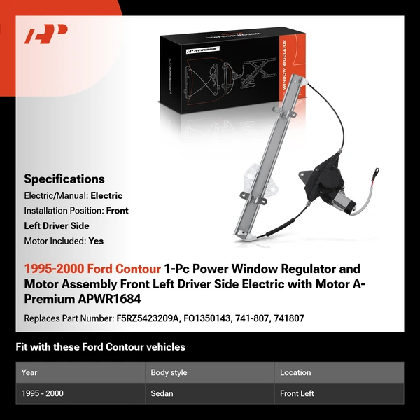 1995-2000 Ford Contour 1-Pc Power Window Regulator and Motor Assembly Front Left Driver Side Electric with Motor A-Premium APWR1684