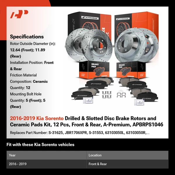 2016-2019 Kia Sorento Drilled & Slotted Disc Brake Rotors and Ceramic Pads Kit, 12 Pcs, Front & Rear, A-Premium, APBRPS1046