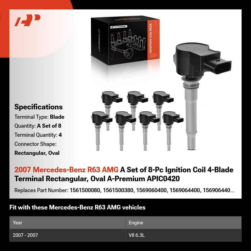 2007 Mercedes-Benz R63 AMG A Set of 8-Pc Ignition Coil 4-Blade Terminal Rectangular, Oval A-Premium APIC0420