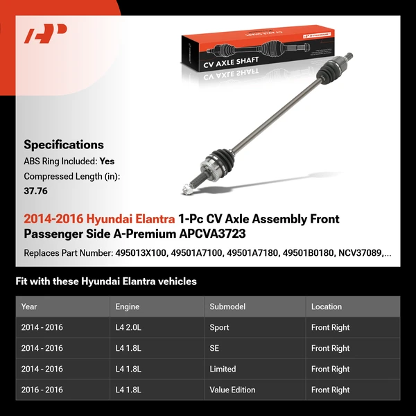 2014-2016 Hyundai Elantra 1-Pc CV Axle Assembly Front Passenger Side A-Premium APCVA3723