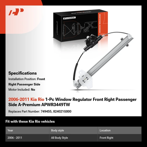 2006-2011 Kia Rio 1-Pc Window Regulator Front Right Passenger Side A-Premium APWR3449TW