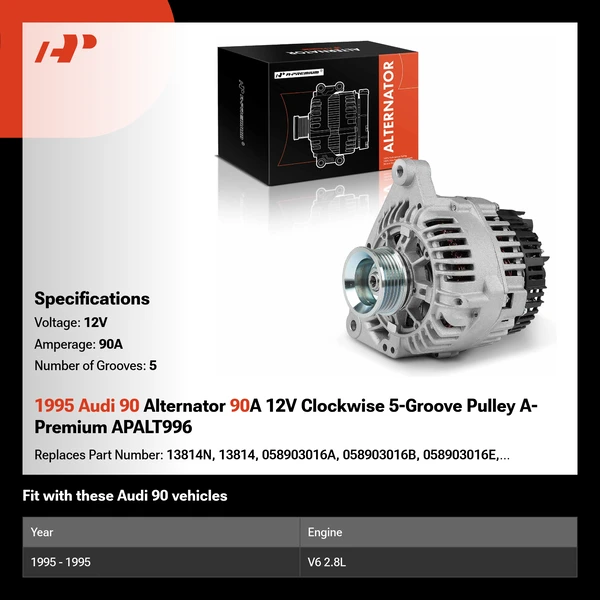 1995 Audi 90 Alternator 90A 12V Clockwise 5-Groove Pulley A-Premium APALT996