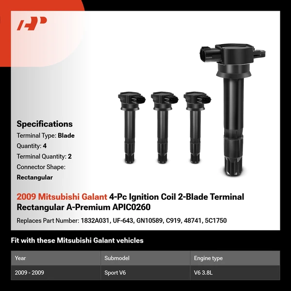 2009 Mitsubishi Galant 4-Pc Ignition Coil 2-Blade Terminal Rectangular A-Premium APIC0260