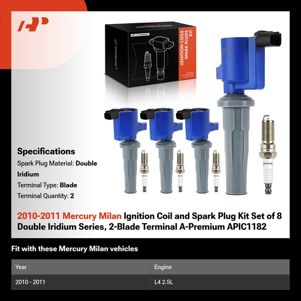 2010-2011 Mercury Milan Ignition Coil and Spark Plug Kit Set of 8 Double Iridium Series, 2-Blade Terminal A-Premium APIC1182