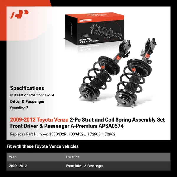 2009-2012 Toyota Venza 2-Pc Strut and Coil Spring Assembly Set Front Driver & Passenger A-Premium APSA0574