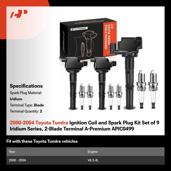 2000-2004 Toyota Tundra Ignition Coil and Spark Plug Kit Set of 9 Iridium Series, 2-Blade Terminal A-Premium APIC0499