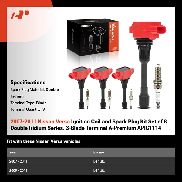 2007-2011 Nissan Versa Ignition Coil and Spark Plug Kit Set of 8 Double Iridium Series, 3-Blade Terminal A-Premium APIC1114