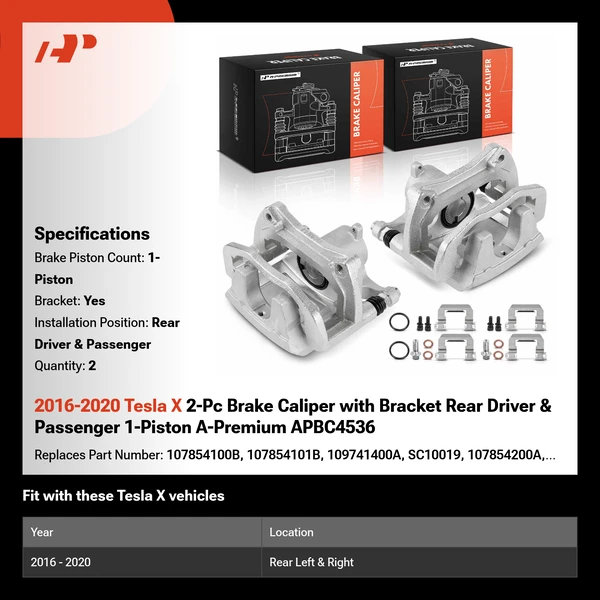 2016-2020 Tesla X 2-Pc Brake Caliper with Bracket Rear Driver & Passenger 1-Piston A-Premium APBC4536