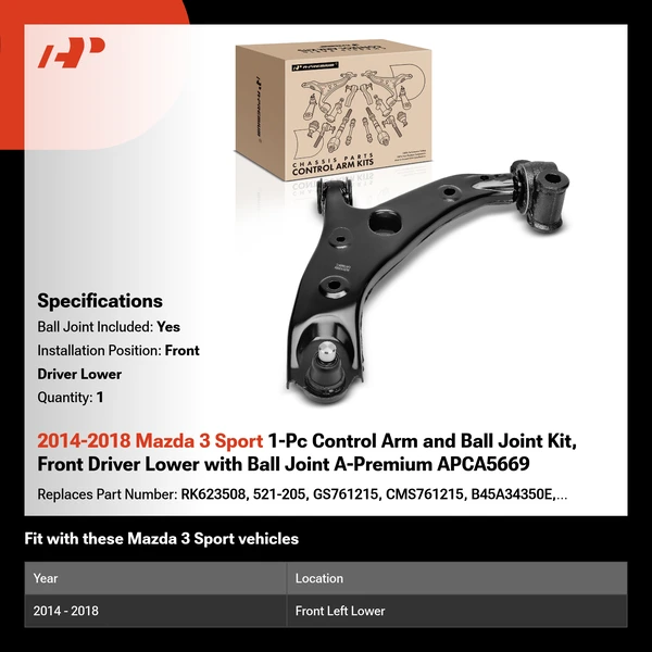 2014-2018 Mazda 3 Sport 1-Pc Control Arm and Ball Joint Kit, Front Driver Lower with Ball Joint A-Premium APCA5669