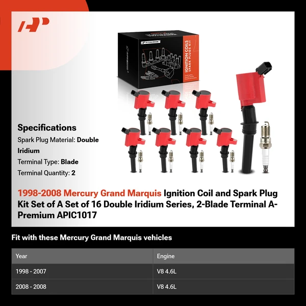 1998-2008 Mercury Grand Marquis Ignition Coil and Spark Plug Kit Set of A Set of 16 Double Iridium Series, 2-Blade Terminal A-Premium APIC1017