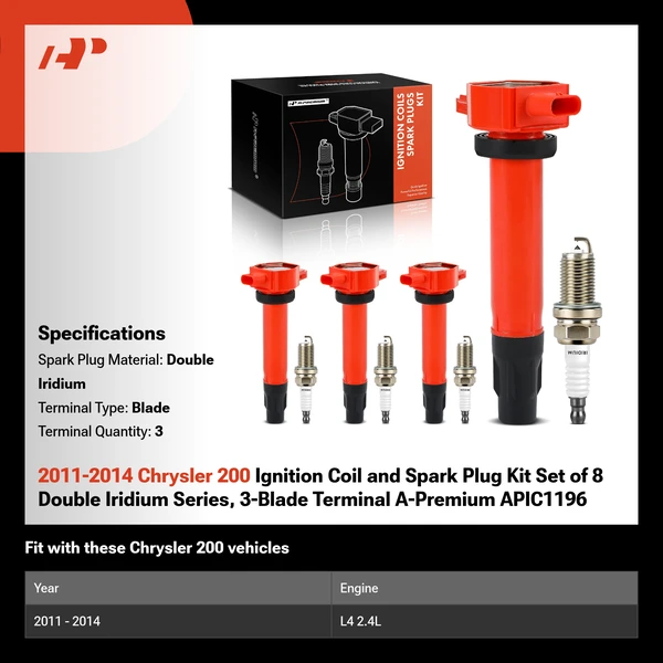 2011-2014 Chrysler 200 Ignition Coil and Spark Plug Kit Set of 8 Double Iridium Series, 3-Blade Terminal A-Premium APIC1196