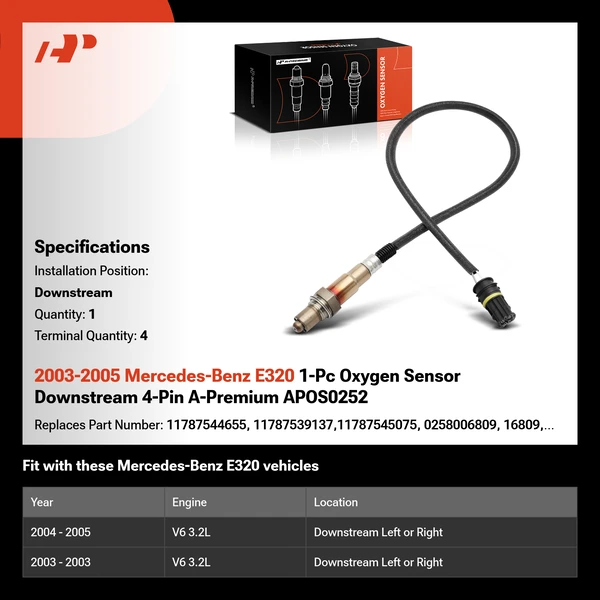 2003-2005 Mercedes-Benz E320 1-Pc Oxygen Sensor Downstream 4-Pin A-Premium APOS0252