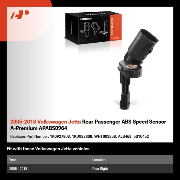 2005-2018 Volkswagen Jetta Rear Passenger ABS Speed Sensor A-Premium APABS0964