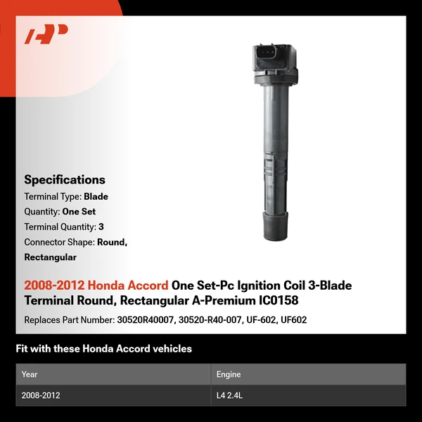 2008-2012 Honda Accord One Set-Pc Ignition Coil 3-Blade Terminal Round, Rectangular A-Premium IC0158
