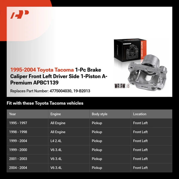 1995-2004 Toyota Tacoma 1-Pc Brake Caliper Front Left Driver Side 1-Piston A-Premium APBC1139