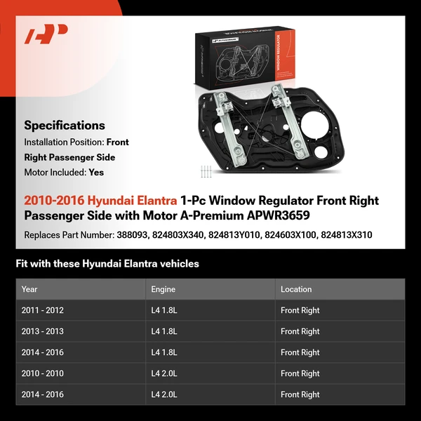 2010-2016 Hyundai Elantra 1-Pc Window Regulator Front Right Passenger Side with Motor A-Premium APWR3659