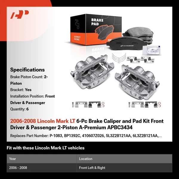 2006-2008 Lincoln Mark LT 6-Pc Brake Caliper and Pad Kit Front Driver & Passenger 2-Piston A-Premium APBC3434