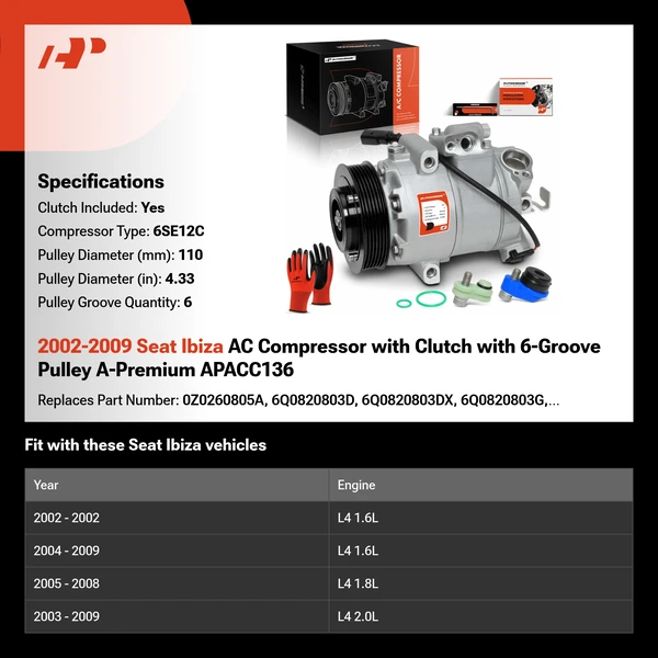 2002-2009 Seat Ibiza AC Compressor with Clutch with 6-Groove Pulley A-Premium APACC136