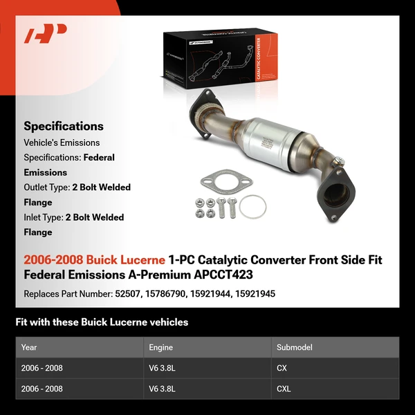 2006-2008 Buick Lucerne 1-PC Catalytic Converter Front Side Fit Federal Emissions A-Premium APCCT423