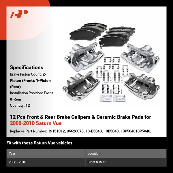 12 Pcs Front & Rear Brake Calipers & Ceramic Brake Pads for 2008-2010 Saturn Vue