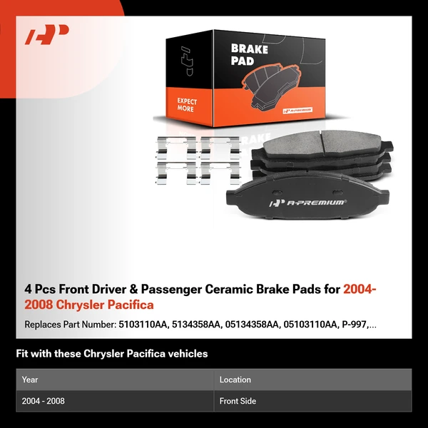 4 Pcs Front Driver & Passenger Ceramic Brake Pads for 2004-2008 Chrysler Pacifica