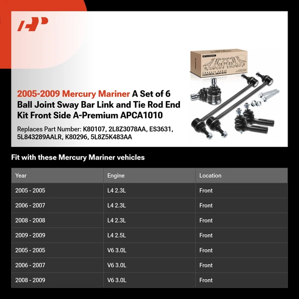 2005-2009 Mercury Mariner A Set of 6 Ball Joint Sway Bar Link and Tie Rod End Kit Front Side A-Premium APCA1010