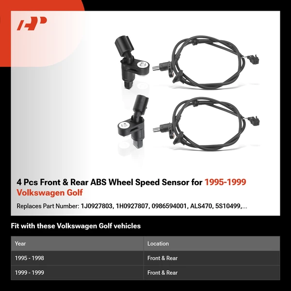 4 Pcs Front & Rear ABS Wheel Speed Sensor for 1995-1999 Volkswagen Golf