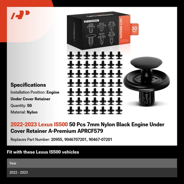 2022-2023 Lexus IS500 50 Pcs 7mm Nylon Black Engine Under Cover Retainer A-Premium APRCF579