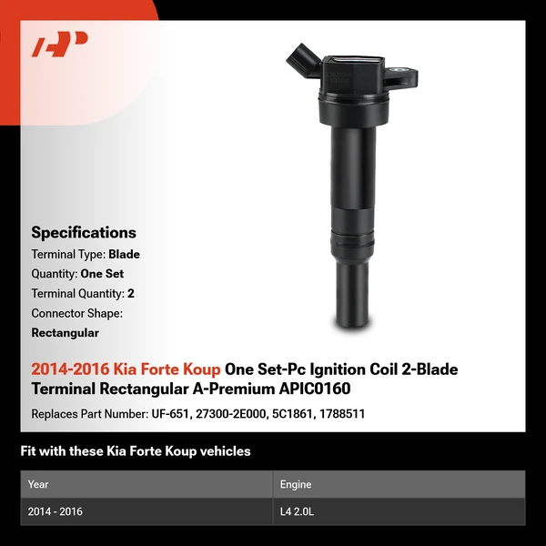 2014-2016 Kia Forte Koup One Set-Pc Ignition Coil 2-Blade Terminal Rectangular A-Premium APIC0160