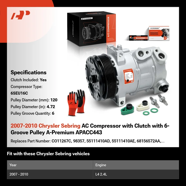 2007-2010 Chrysler Sebring AC Compressor with Clutch with 6-Groove Pulley A-Premium APACC443