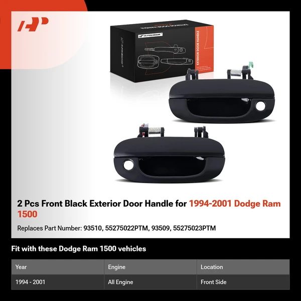 2 Pcs Front Black Exterior Door Handle for 1994-2001 Dodge Ram 1500
