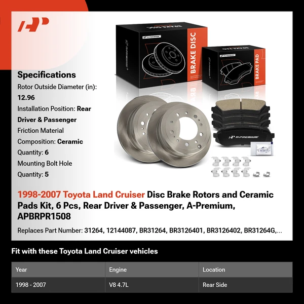1998-2007 Toyota Land Cruiser Disc Brake Rotors and Ceramic Pads Kit, 6 Pcs, Rear Driver & Passenger, A-Premium, APBRPR1508