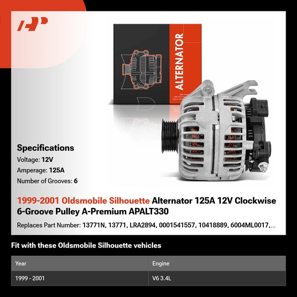 1999-2001 Oldsmobile Silhouette Alternator 125A 12V Clockwise 6-Groove Pulley A-Premium APALT330