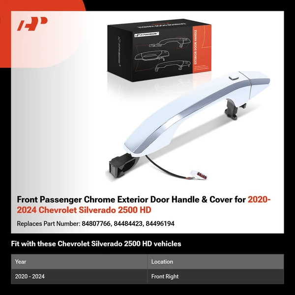Front Passenger Chrome Exterior Door Handle & Cover for 2020-2024 Chevrolet Silverado 2500 HD