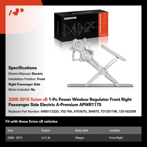 2008-2015 Scion xB 1-Pc Power Window Regulator Front Right Passenger Side Electric A-Premium APWR1175
