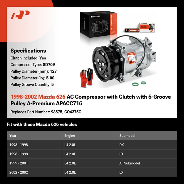 1998-2002 Mazda 626 AC Compressor with Clutch with 5-Groove Pulley A-Premium APACC716