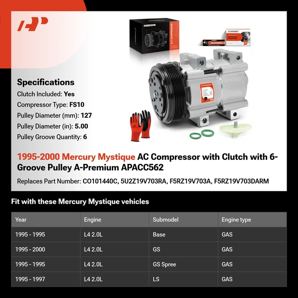 1995-2000 Mercury Mystique AC Compressor with Clutch with 6-Groove Pulley A-Premium APACC562
