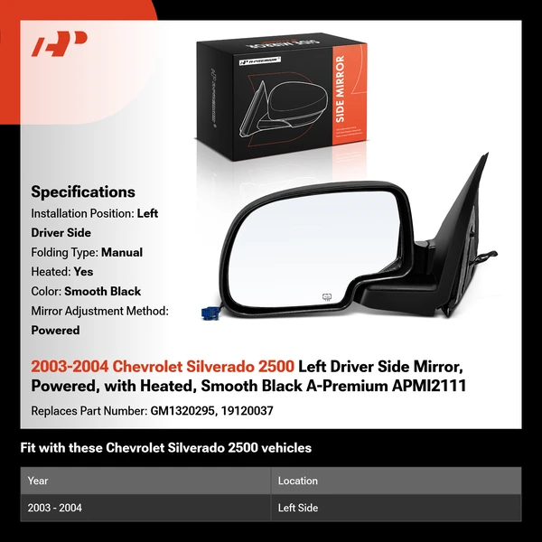 2003-2004 Chevrolet Silverado 2500 Left Driver Side Mirror, Powered, with Heated, Smooth Black A-Premium APMI2111
