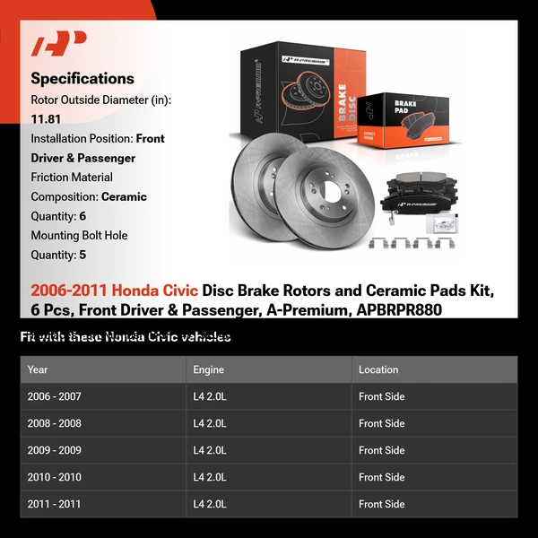 2006-2011 Honda Civic Disc Brake Rotors and Ceramic Pads Kit, 6 Pcs, Front Driver & Passenger, A-Premium, APBRPR880