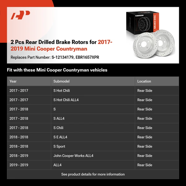 2 Pcs Rear Drilled Brake Rotors for 2017-2019 Mini Cooper Countryman